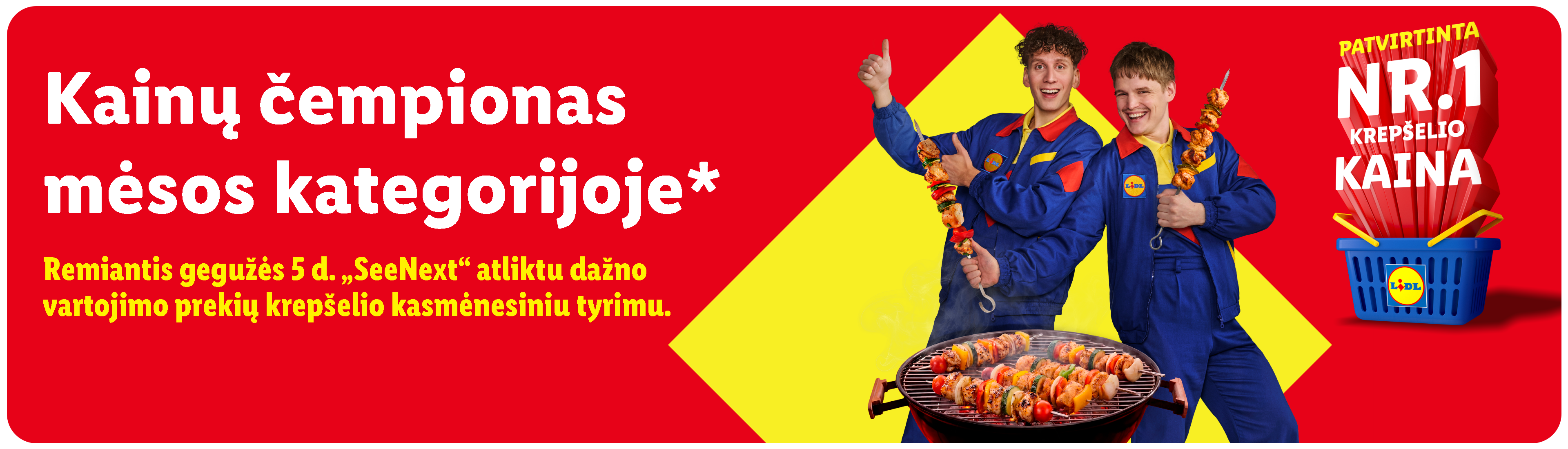 Du vyrai su šašlykais prie grilio, reklamuojantys geriausią kainą mėsos kategorijoje.