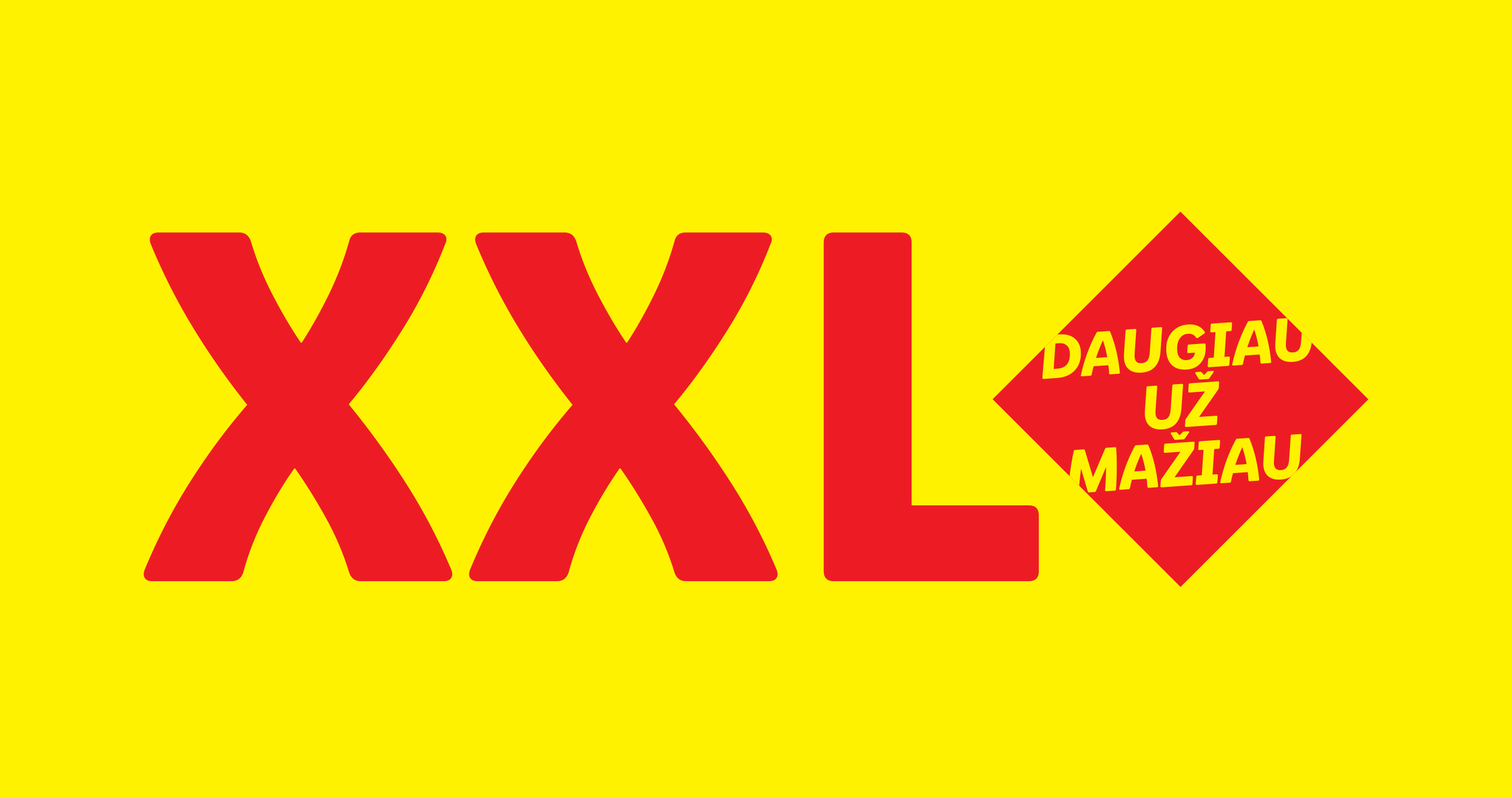 XXL logotipas su užrašu 'Daugiau už mažiau'.