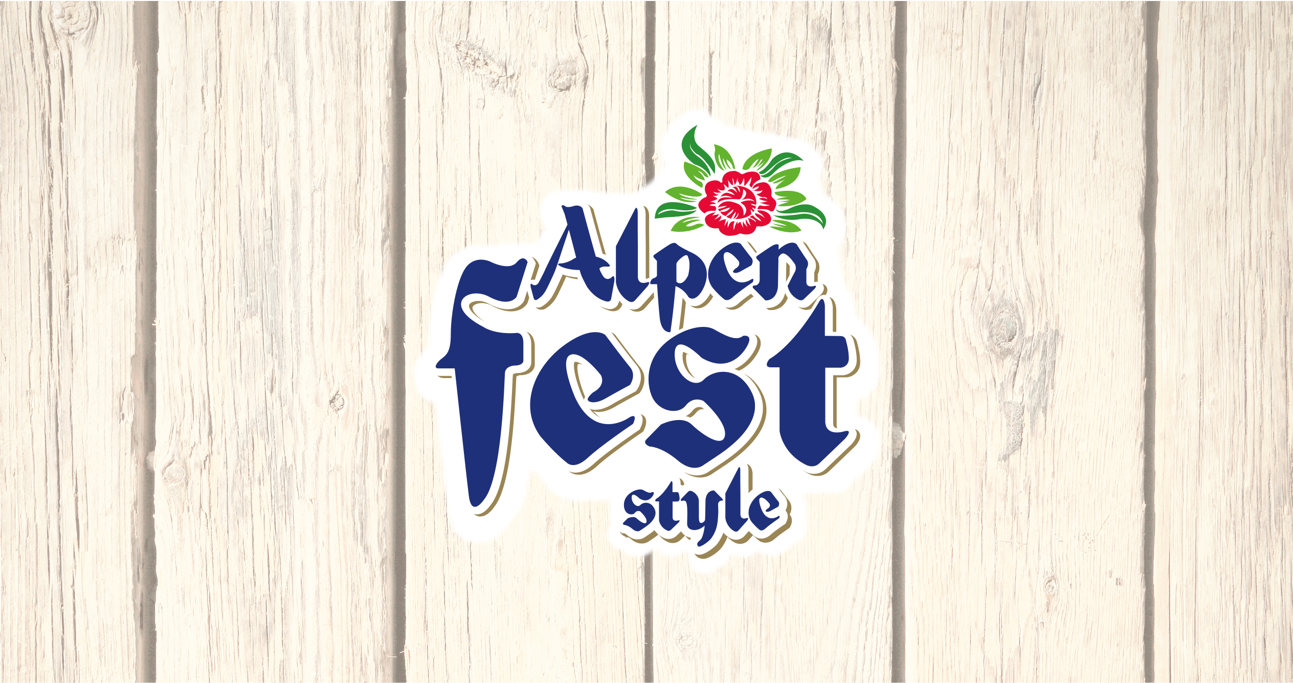 „Alpen Fest“ stiliaus logotipas su raudona gėle ant medinės lentos fono.