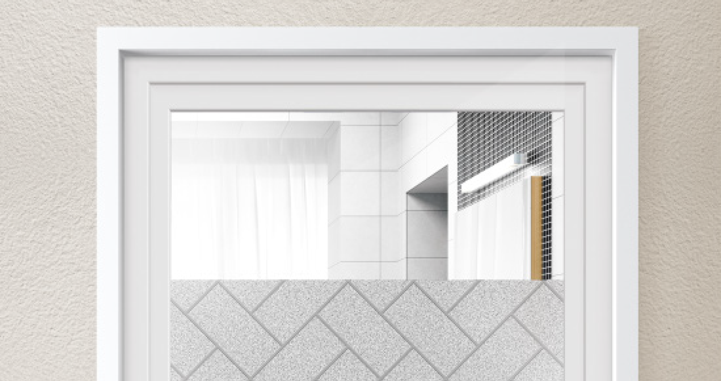 Baltos spalvos durų rėmas su matinio stiklo intarpu ir geometrinio rašto plytelėmis.