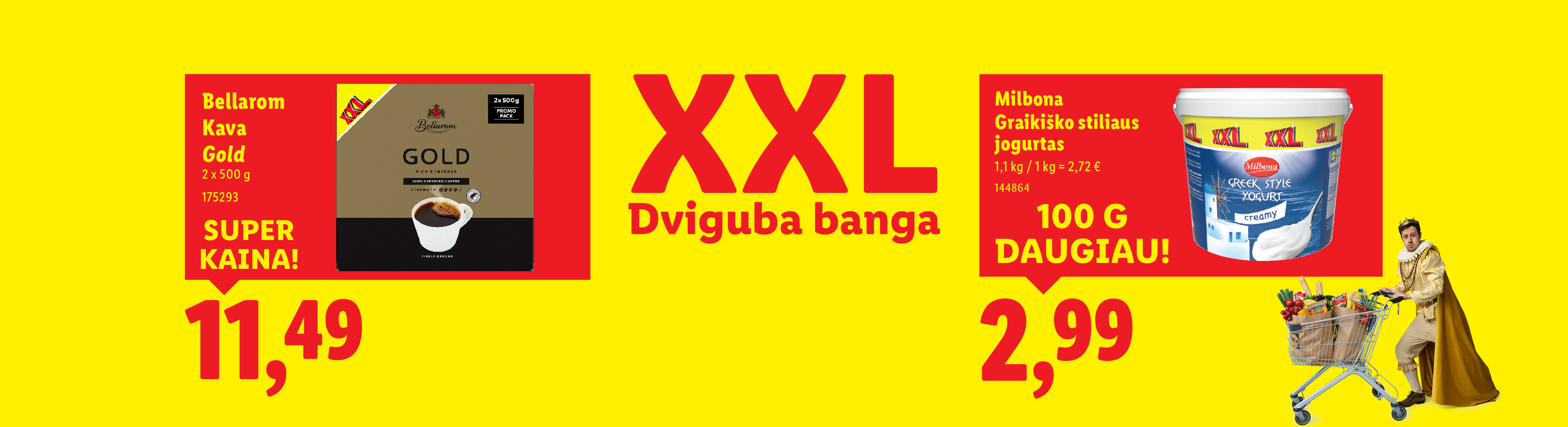 Reklama su „Milbona“ graikiško stiliaus jogurtu, kaina ir užrašu „XXL Dviguba banga“.