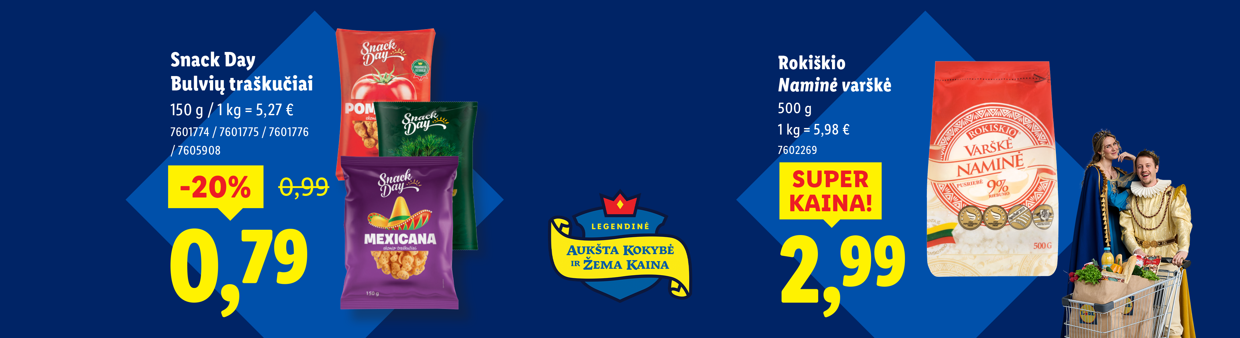 Reklaminis plakatas su „Snack Day“ bulvių traškučiais ir „Rokiškio“ varške.