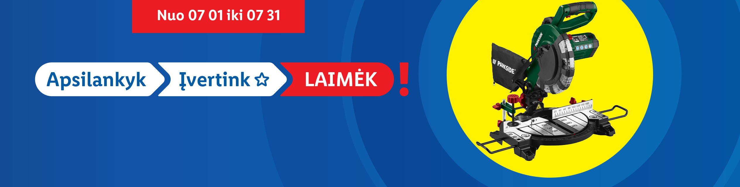 Parkside kampinis pjūklas reklamuojamas su akcijomis ir nuorodomis į apsipirkimą bei įvertinimą.