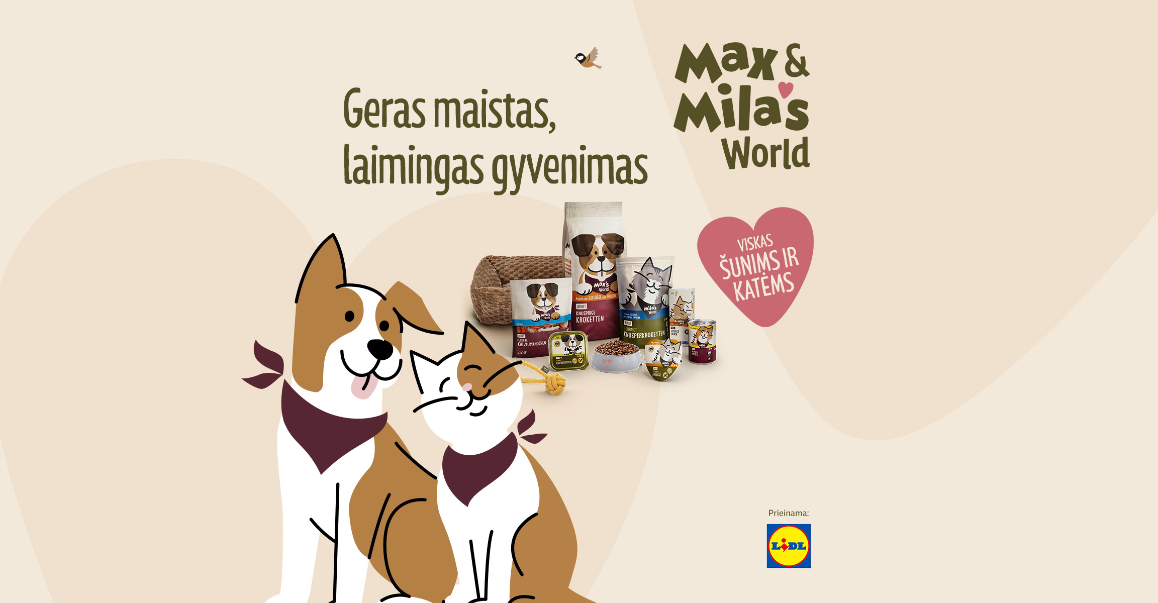 Sausas ir šlapias maistas šunims bei katėms jaukioje reklamoje su augintinių iliustracijomis.