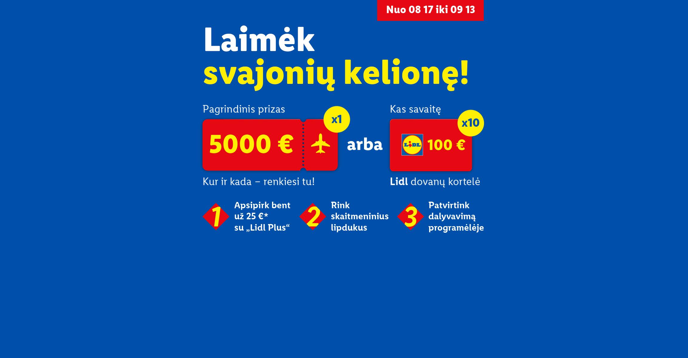 Šeima linksminasi atrakcionų parke, reklamuojant galimybę laimėti 5000 € kelionę arba 100 € dovanų kortelę.