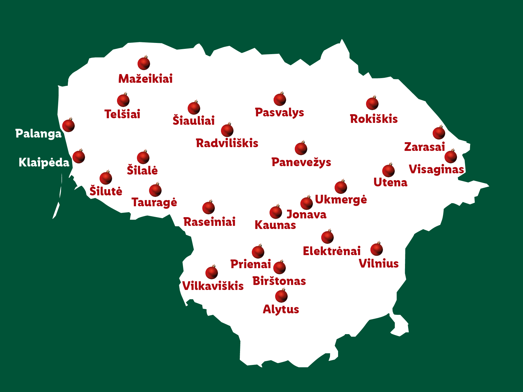 Lietuvos žemėlapis su miestų pavadinimais, pažymėtais kalėdiniais žaisliukais.