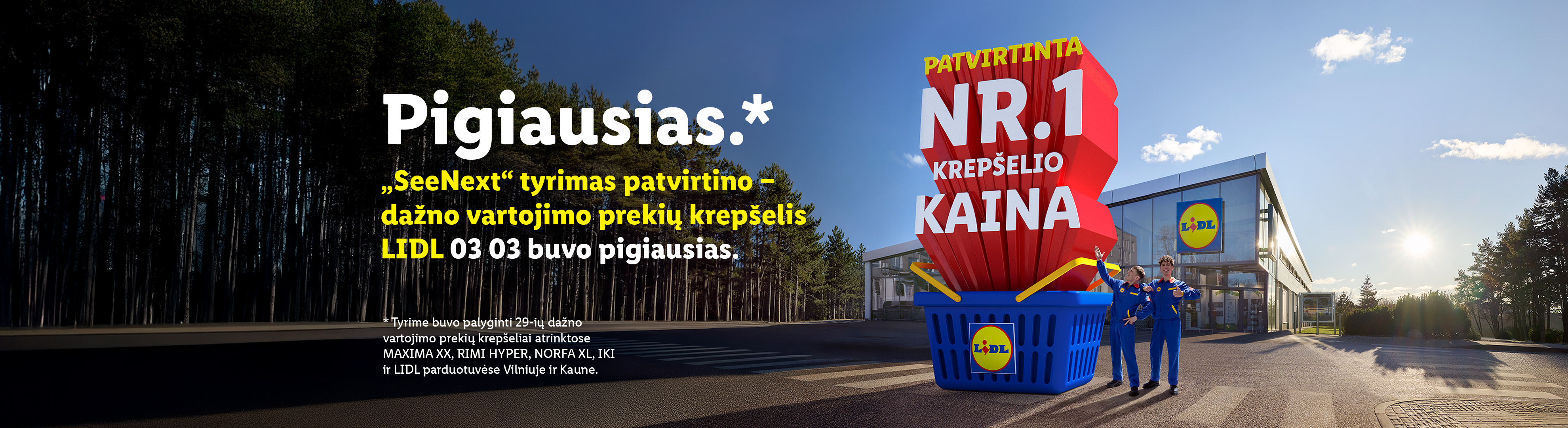 Reklama, skelbianti, kad dažnai vartojamų prekių krepšelis buvo pigiausias.