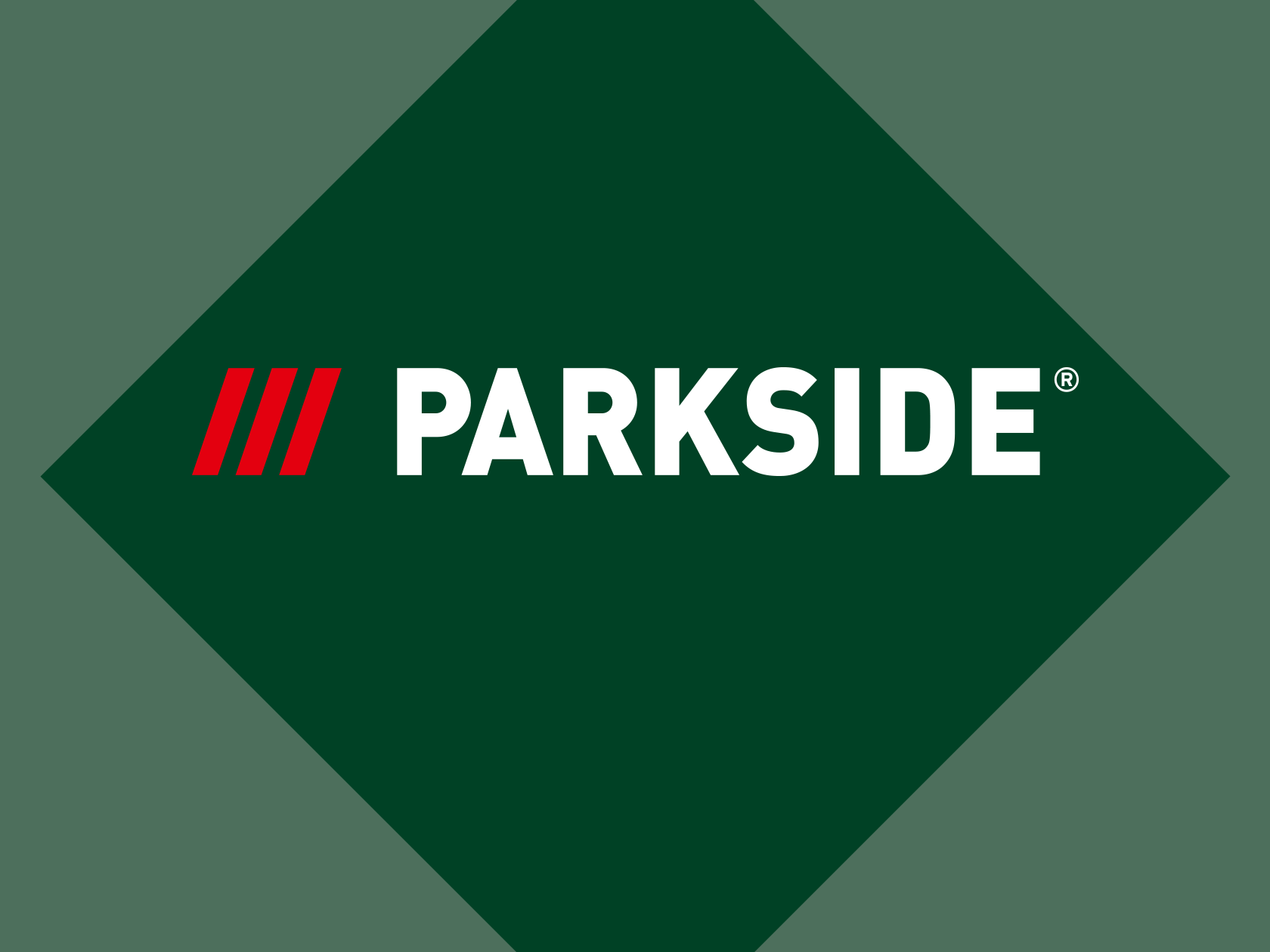 Parkside prekės ženklo logotipas, rodomas tamsiai žaliame rombo formos fone.
