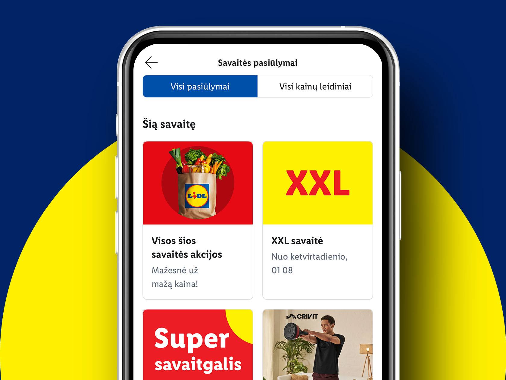 Mobilioji programėlė su savaitės pasiūlymais, įskaitant maisto prekes, XXL prekes ir sporto įrangą.