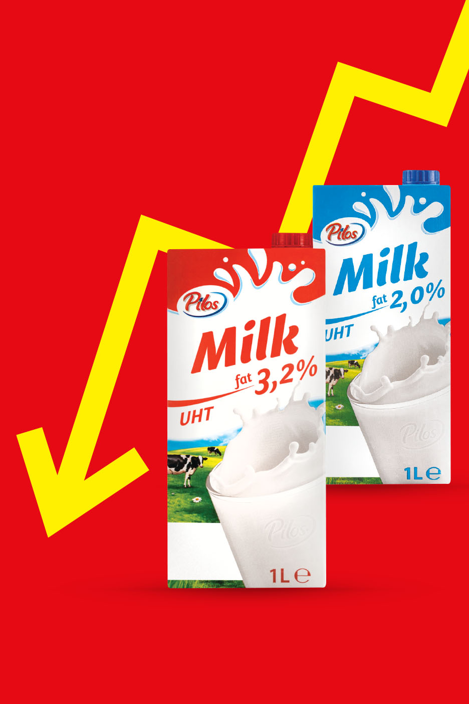 Pilos pienas su 3,2% ir 2,0% riebumo, su geltona rodykle, rodančia žemyn.