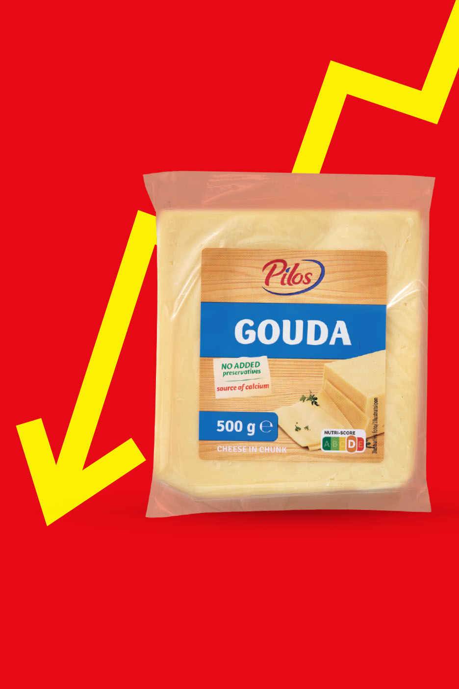 Pilos Gouda sūrio gabalas (500 g) su Nutri-Score įvertinimu, raudoname fone su geltonomis rodyklėmis.